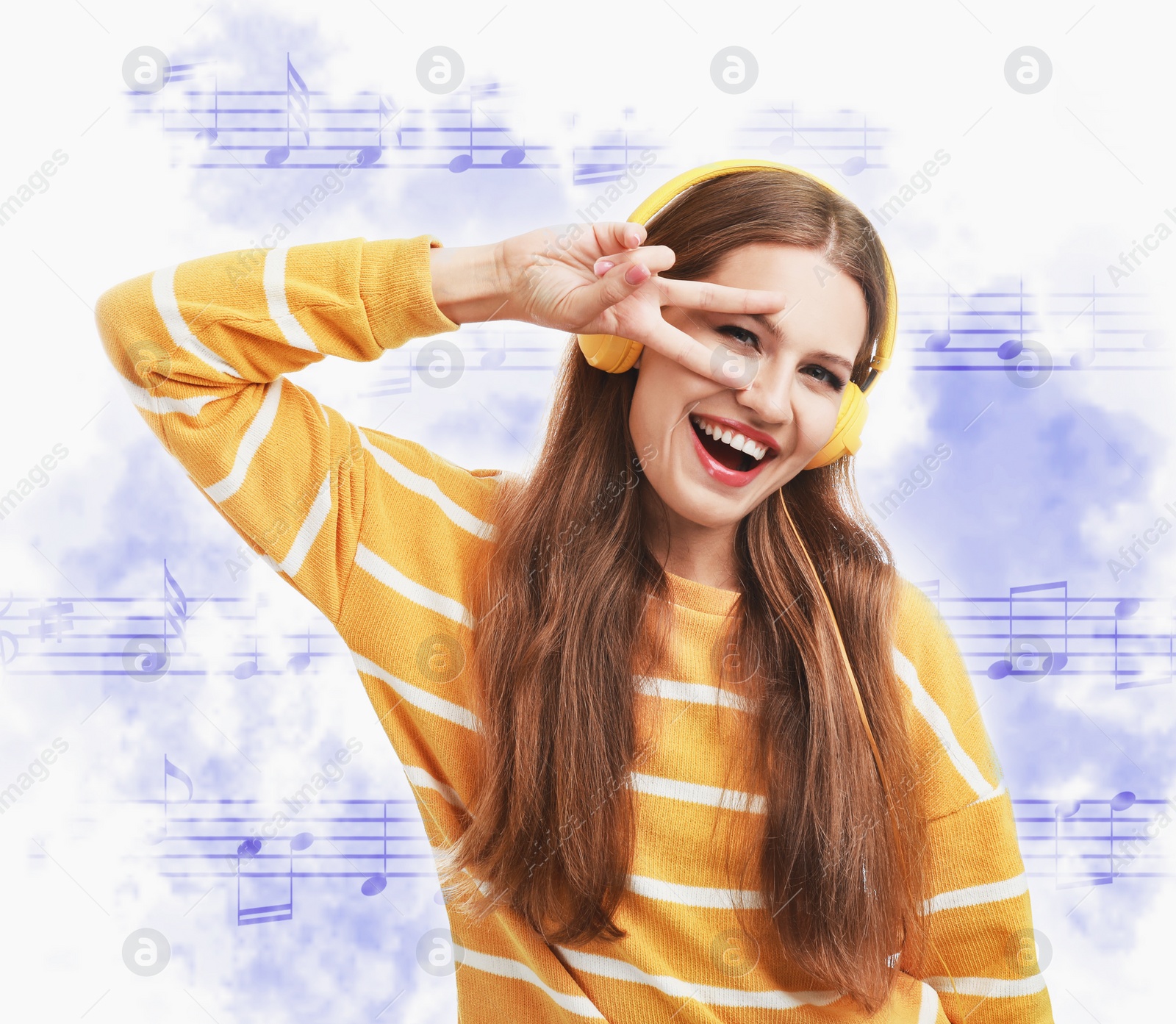 Image of Young woman listening to music on color background with bright notes illustration