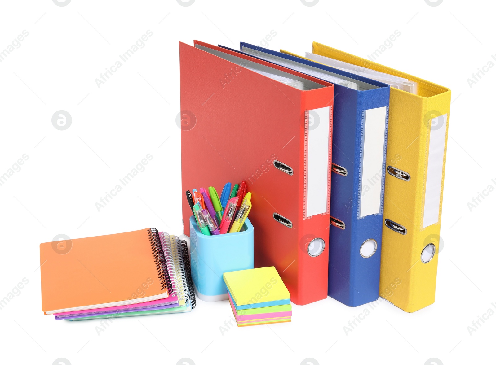 Photo of Bright office folders and different stationery isolated on white