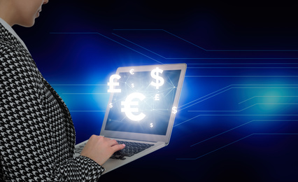 Fintech concept. Woman with laptop on blue background, closeup