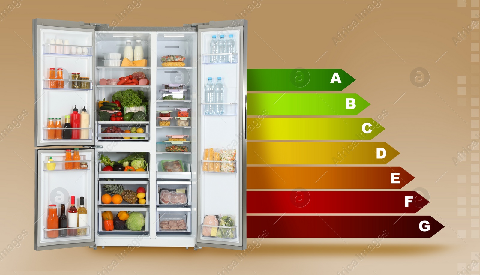 Image of Energy efficiency rating label and open refrigerator on beige background, banner design