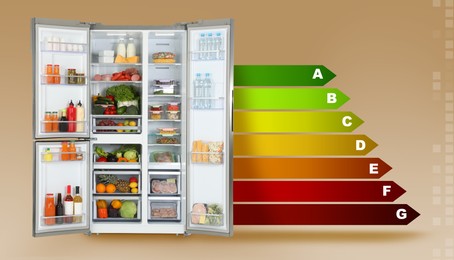 Image of Energy efficiency rating label and open refrigerator on beige background, banner design