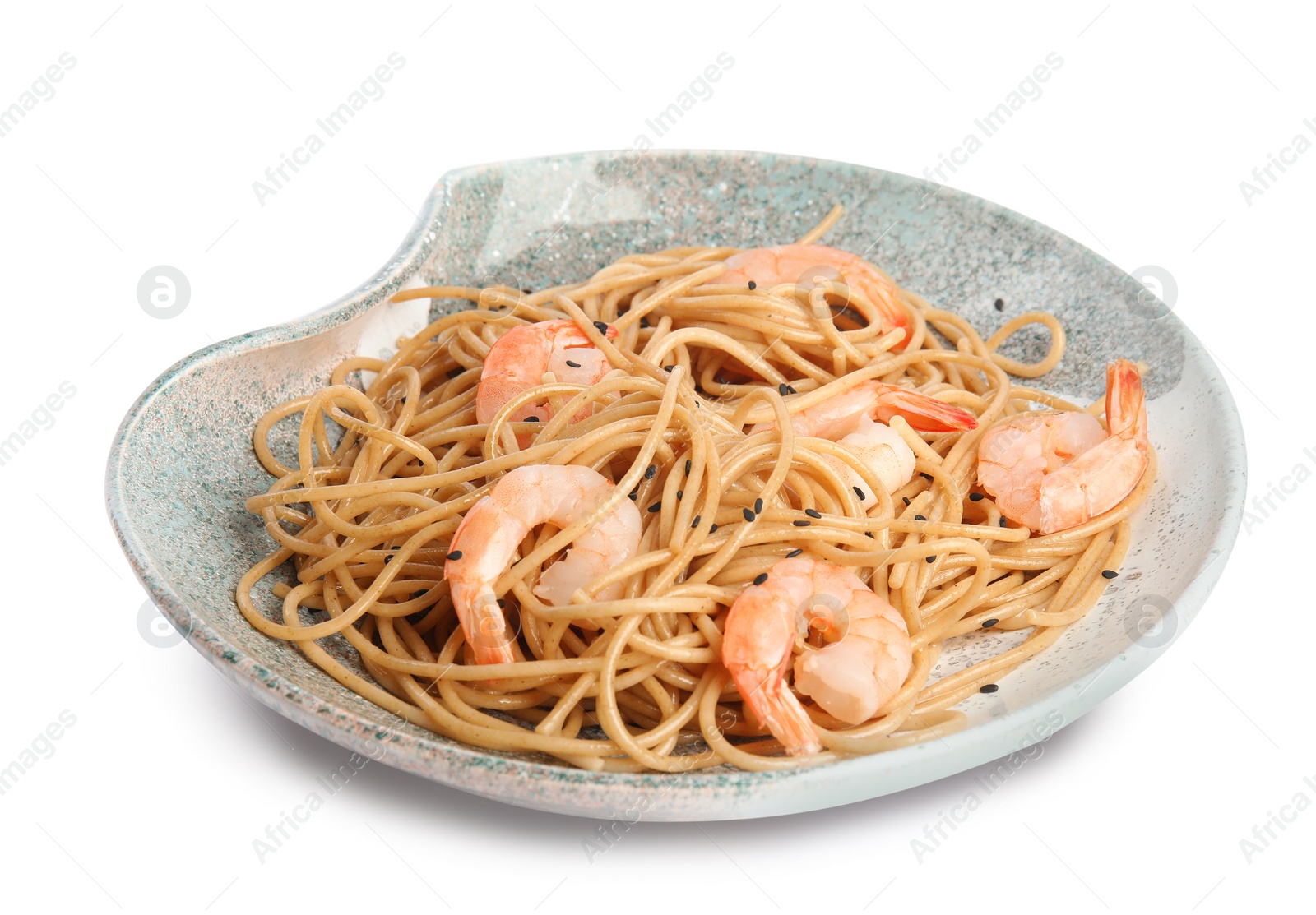 Photo of Plate of tasty buckwheat noodles with shrimps on white background