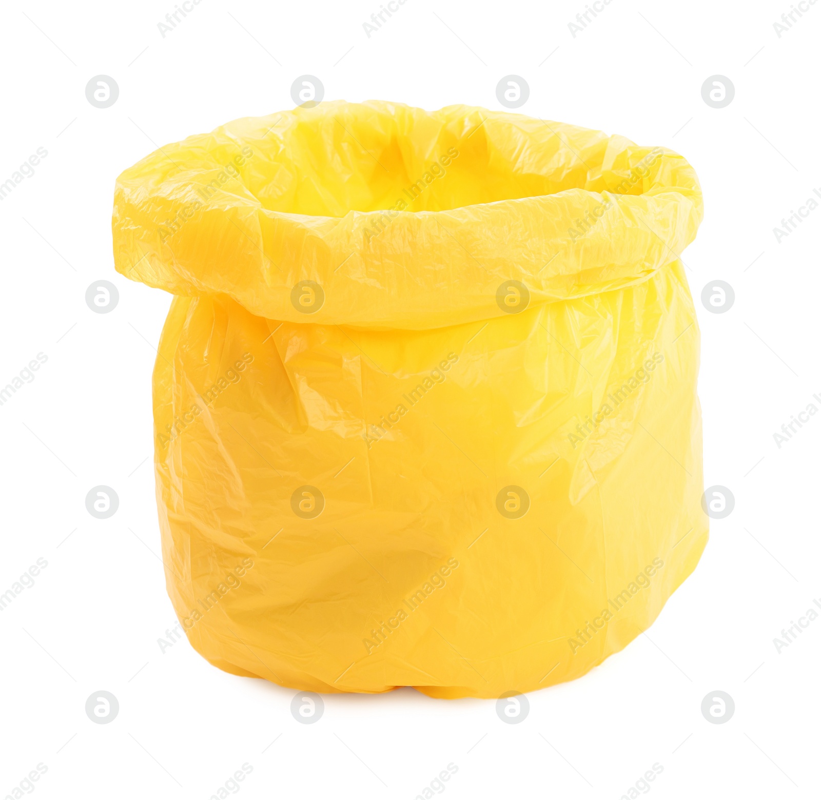 Photo of Yellow plastic garbage bag isolated on white