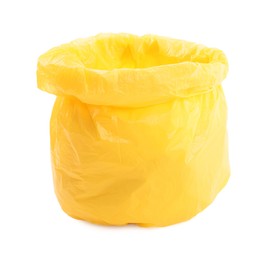 Photo of Yellow plastic garbage bag isolated on white