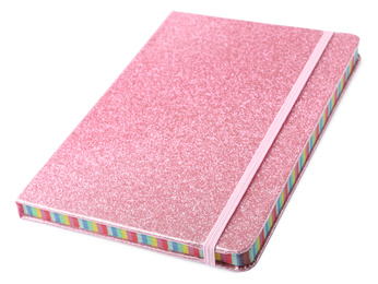 Stylish pink glitter notebook isolated on white