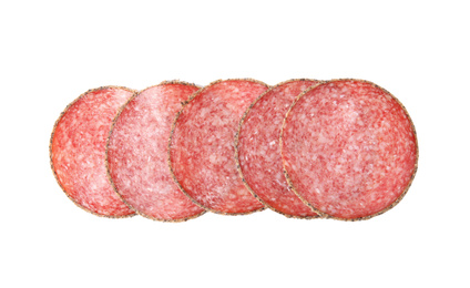 Photo of Slices of tasty sausage on white background, top view