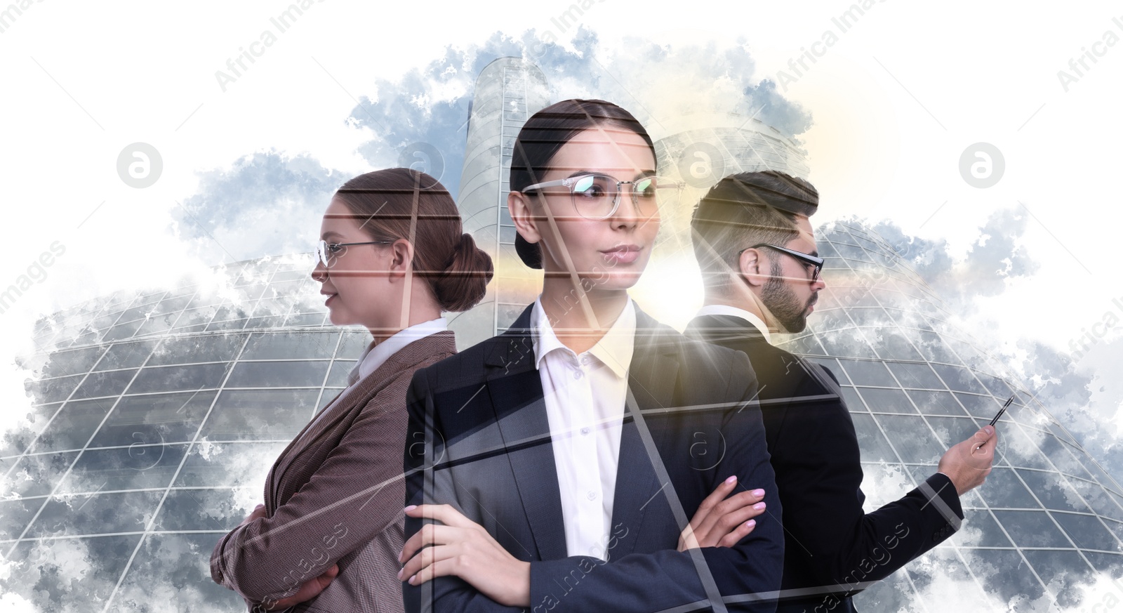 Image of Double exposure of business people and cityscape