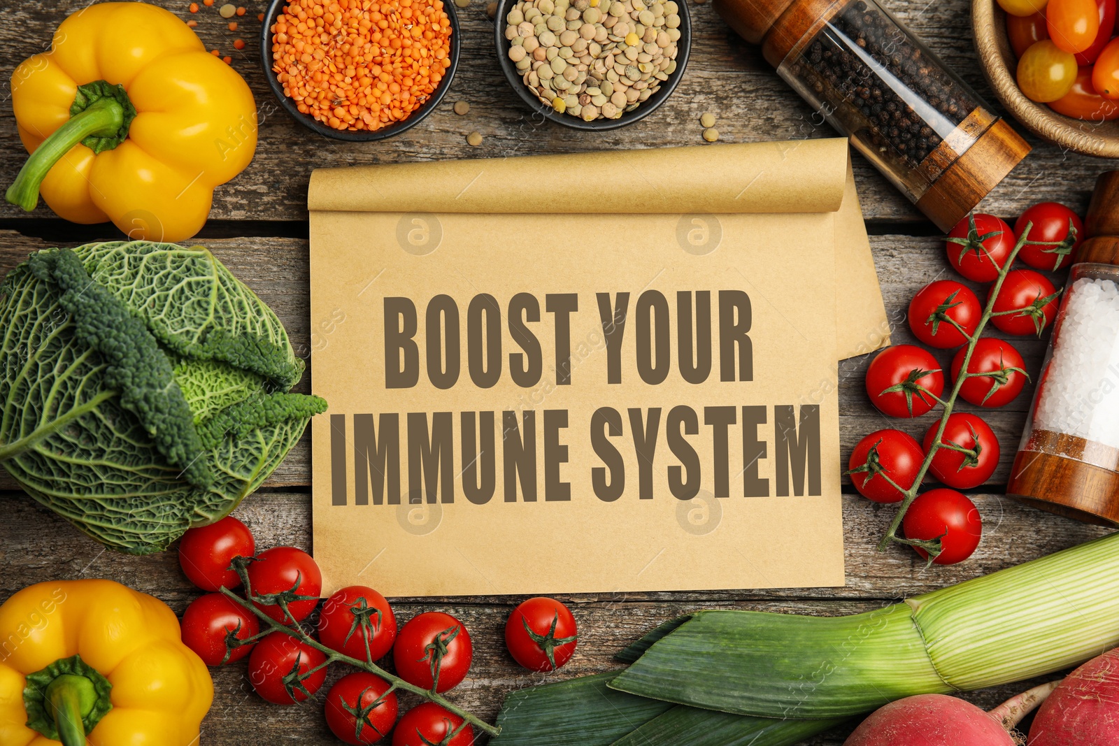 Image of Boost your immune system with proper diet. Different foods on wooden table, flat lay