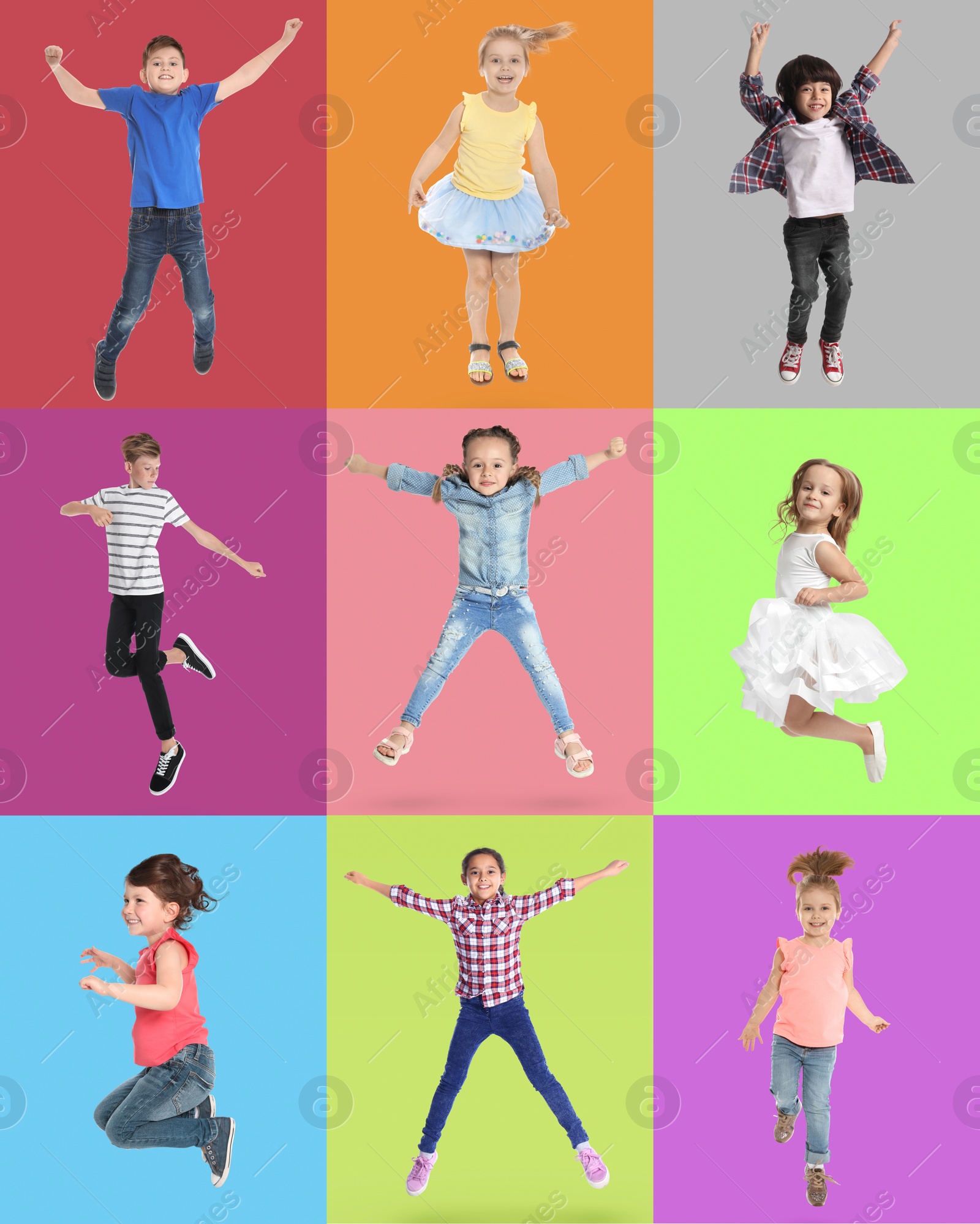 Image of Group of children jumping on color backgrounds, set of photos