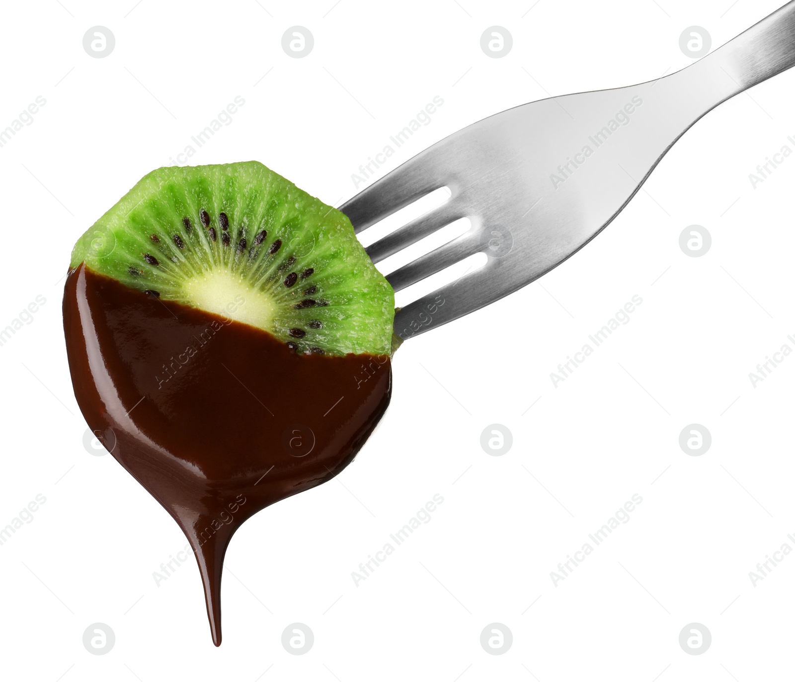 Photo of Kiwi with chocolate on fondue fork against white background