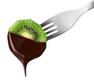 Photo of Kiwi with chocolate on fondue fork against white background