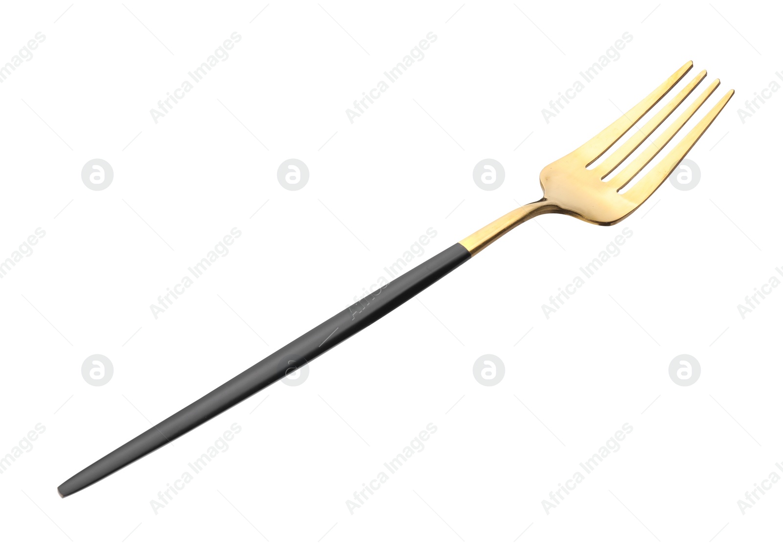 Photo of One shiny golden fork with black handle isolated on white