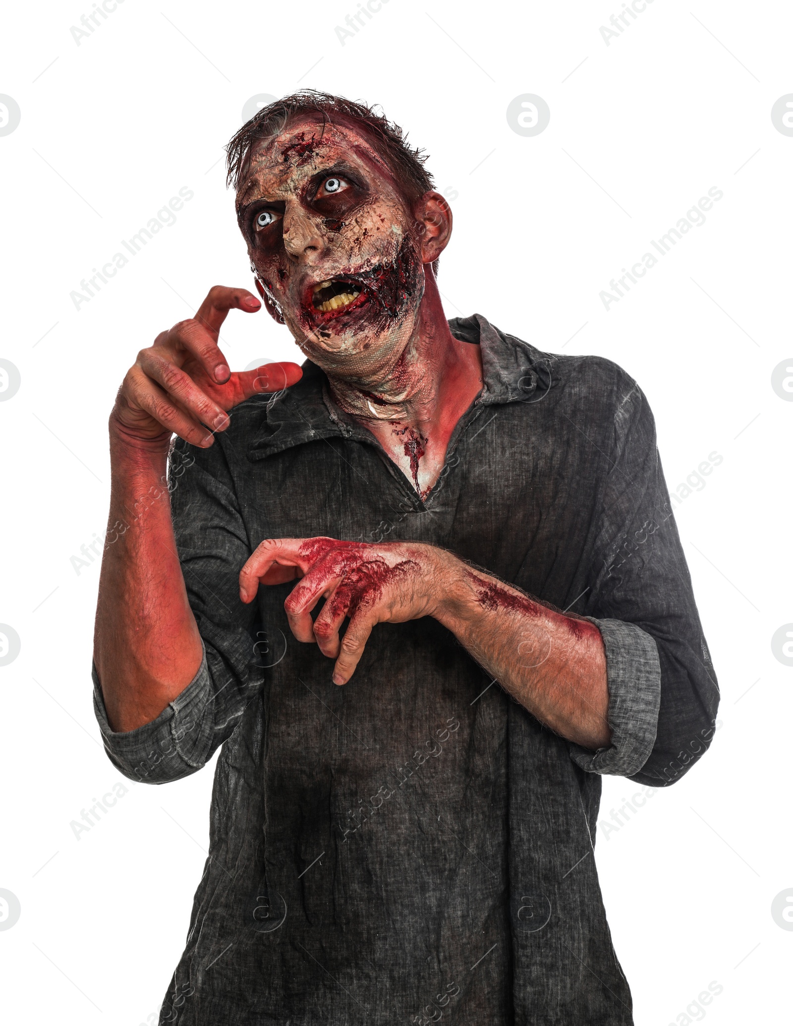 Photo of Scary zombie on white background. Halloween monster