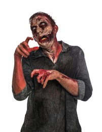 Photo of Scary zombie on white background. Halloween monster