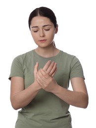 Photo of Woman suffering from pain in hand on white background. Arthritis symptom