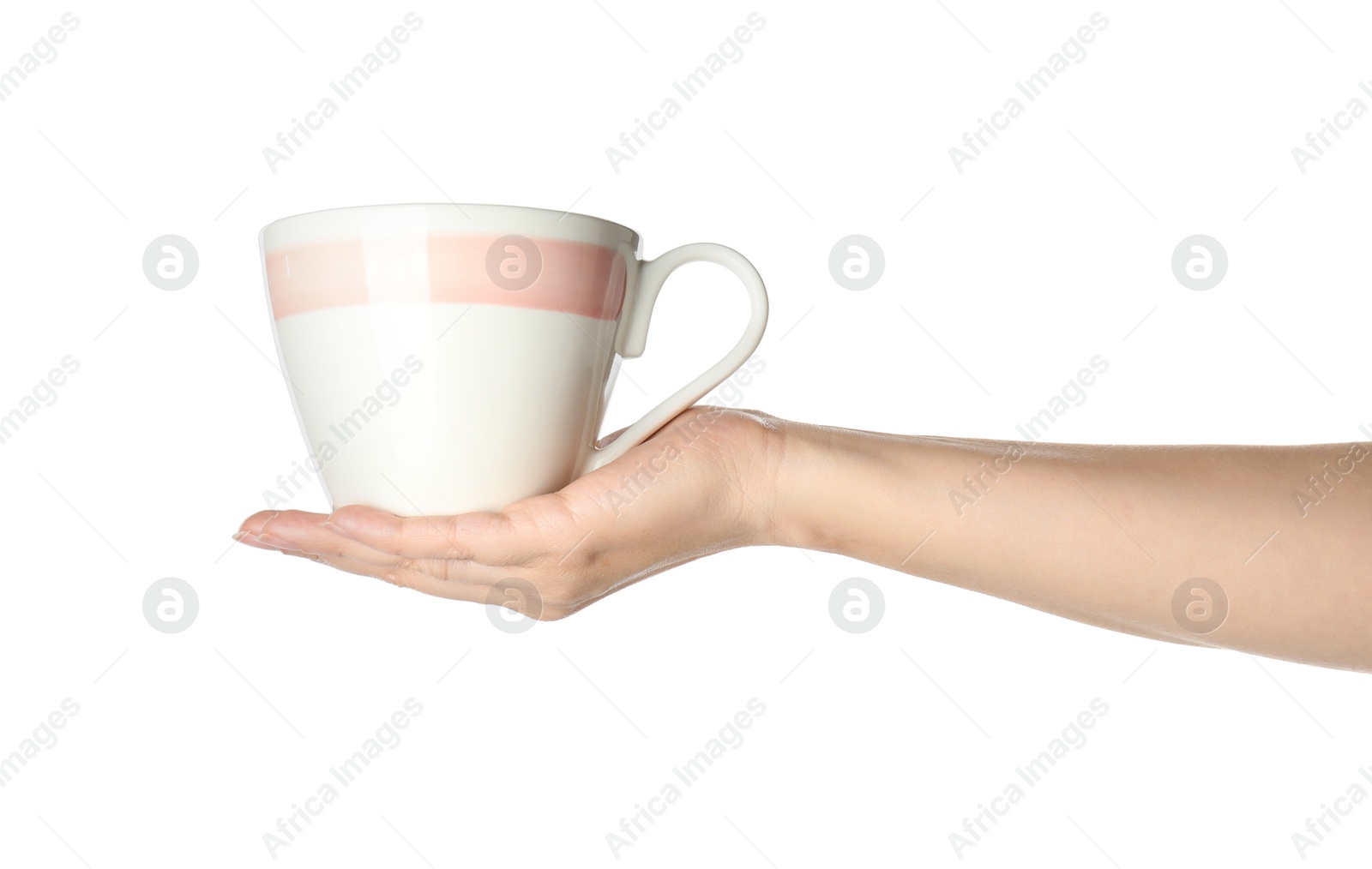 Photo of Woman holding cup on white background, closeup