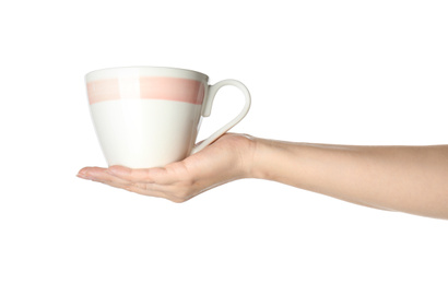 Photo of Woman holding cup on white background, closeup