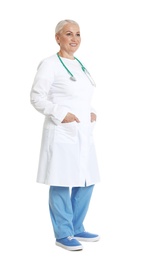 Photo of Full length portrait of female doctor isolated on white. Medical staff