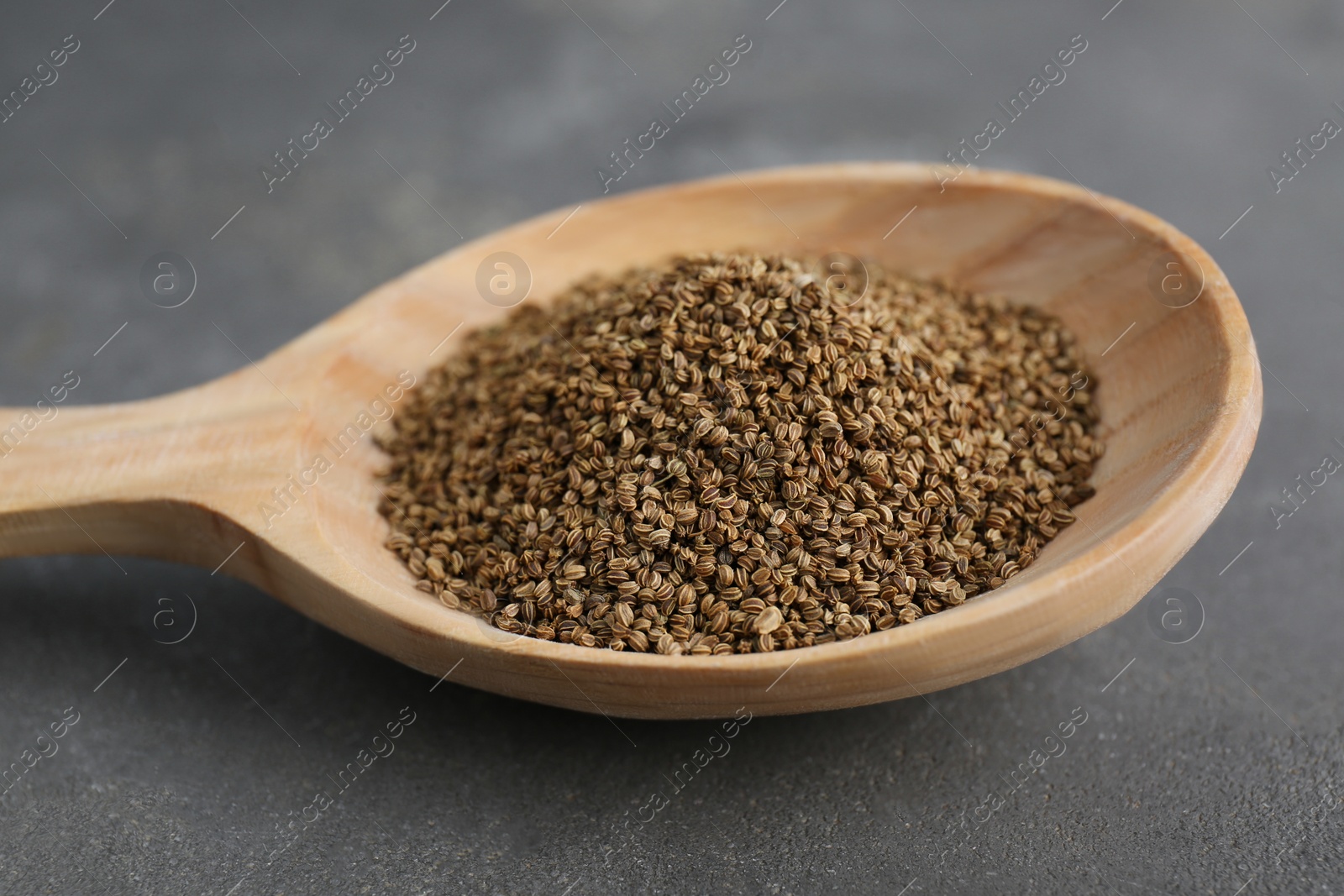 Photo of Spoon of celery seeds on grey table, closeup