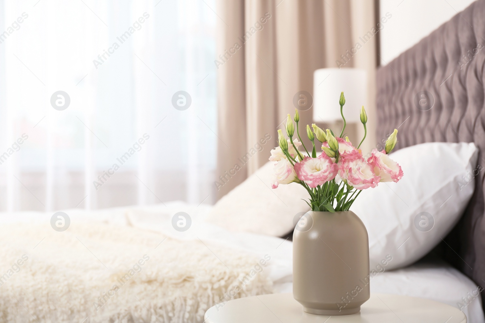 Photo of Beautiful flowers in vase and space for text on blurred background. Element of interior design