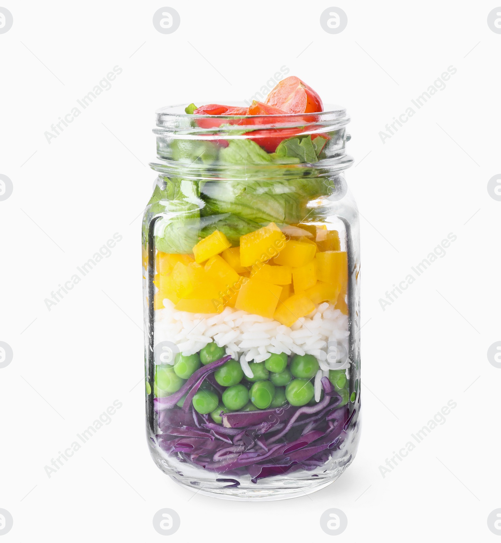 Photo of Healthy salad in glass jar isolated on white