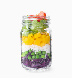 Photo of Healthy salad in glass jar isolated on white