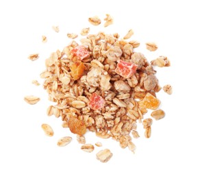 Photo of Pile of granola on white background, top view. Healthy snack