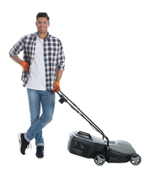 Man with modern lawn mower on white background