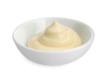 Fresh mayonnaise sauce in bowl isolated on white