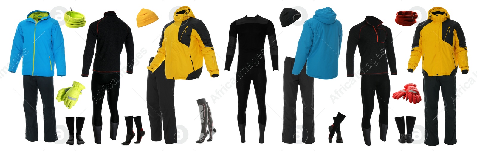 Image of Collection of stylish winter sports clothes on white background