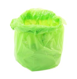 Photo of Green plastic garbage bag isolated on white