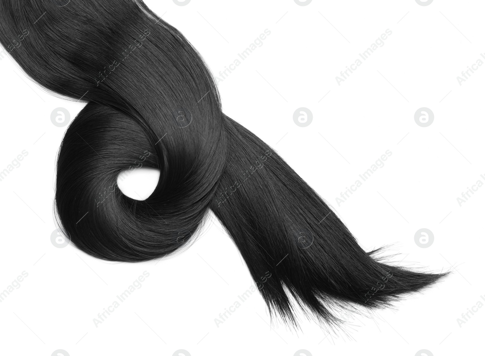 Photo of Lock of beautiful brunette straight hair isolated on white, top view