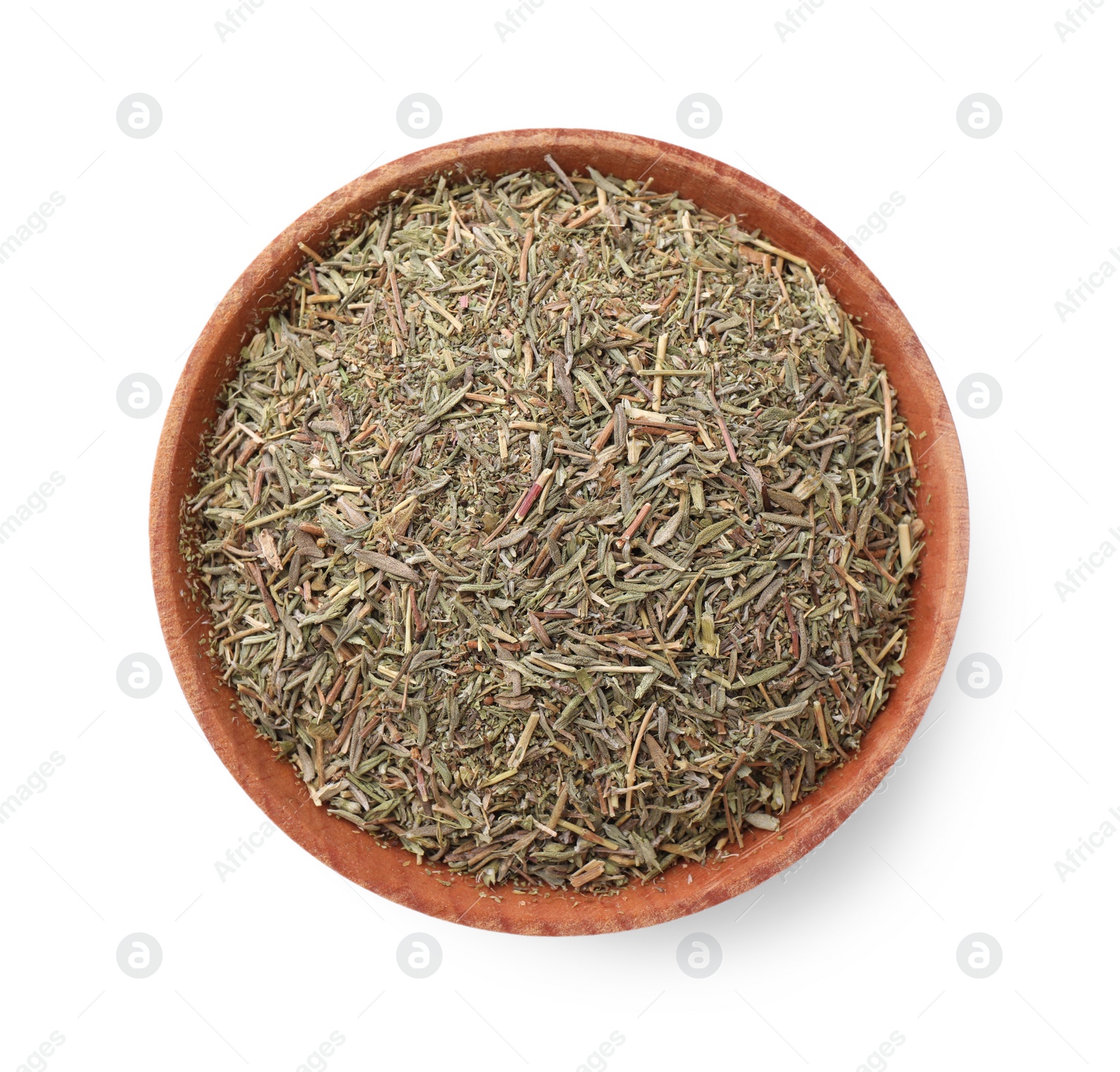 Photo of Bowl with dried thyme isolated on white, top view