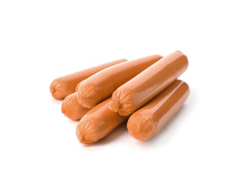 Photo of Encased sausages on white background. Meat product