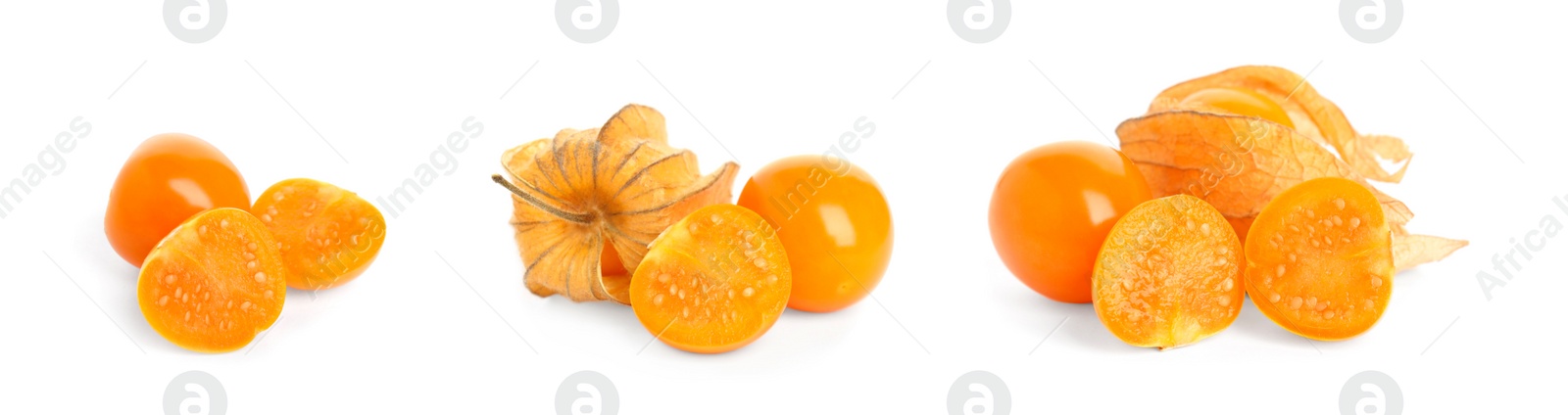 Image of Set with tasty ripe physalis fruits on white background. Banner design