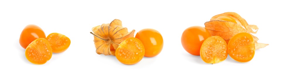 Image of Set with tasty ripe physalis fruits on white background. Banner design