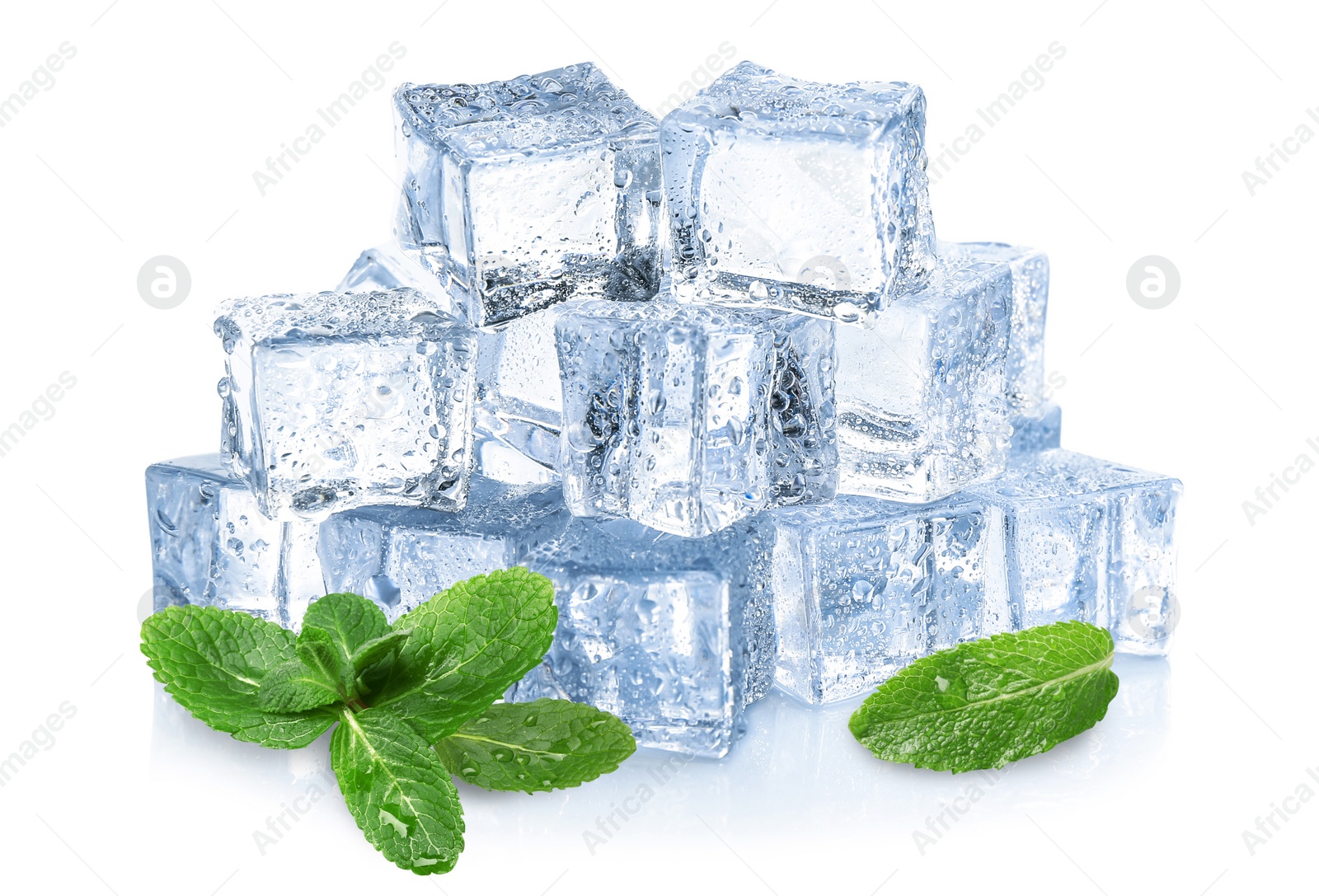 Image of Ice cubes and green mint leaves on white background