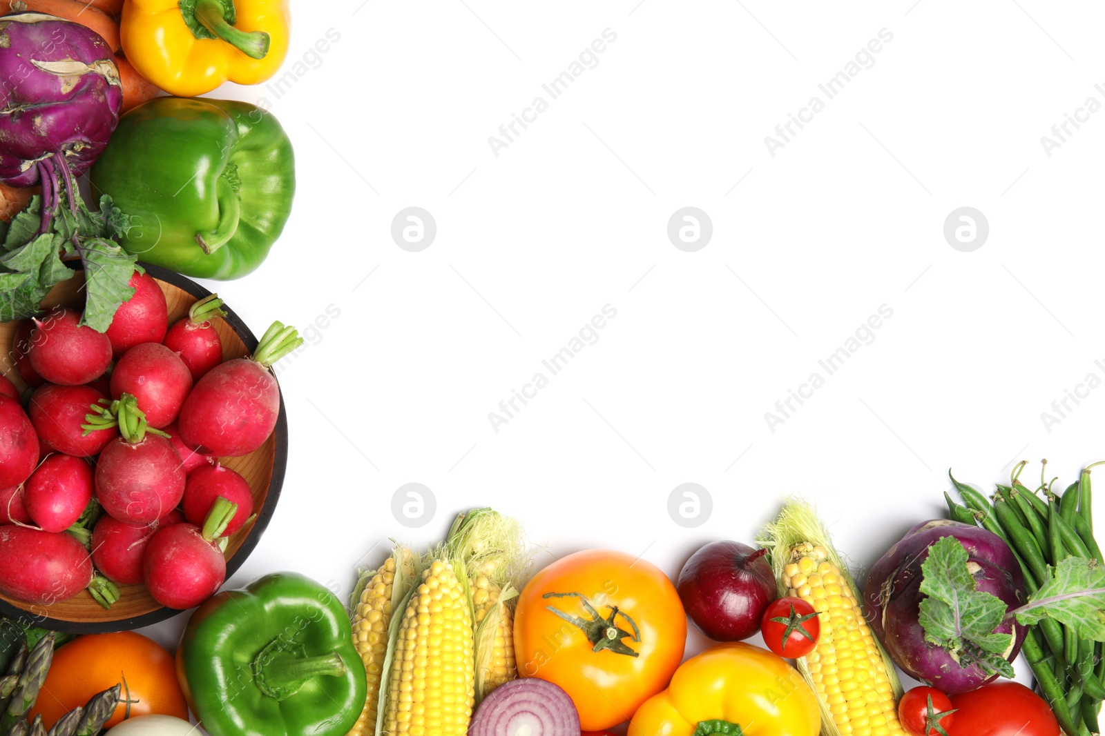 Photo of Assortment of fresh vegetables on white background, top view. Space for text