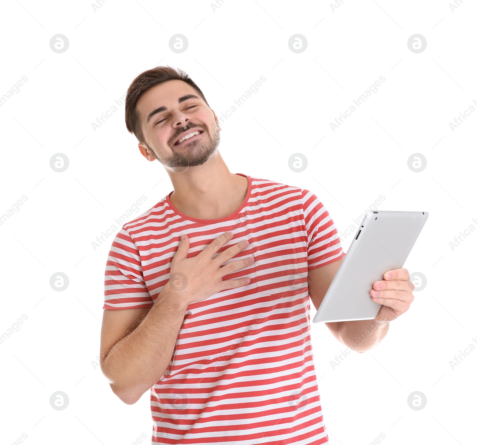 Photo of Man using tablet for video chat isolated on white