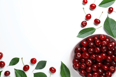 Photo of Sweet juicy cherries on white background, top view