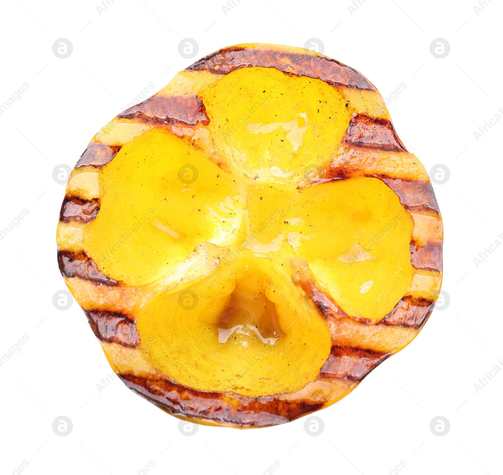 Photo of Slice of grilled yellow pepper isolated on white, top view