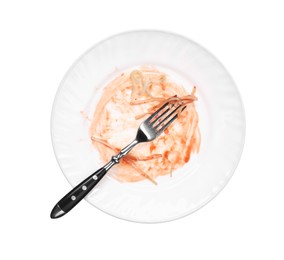 Dirty plate and fork on white background, top view