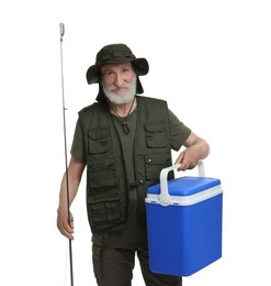 Photo of Fisherman with fishing rod and cool box isolated on white