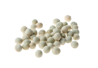 Photo of Pile of raw dry peas on white background. Vegetable seeds