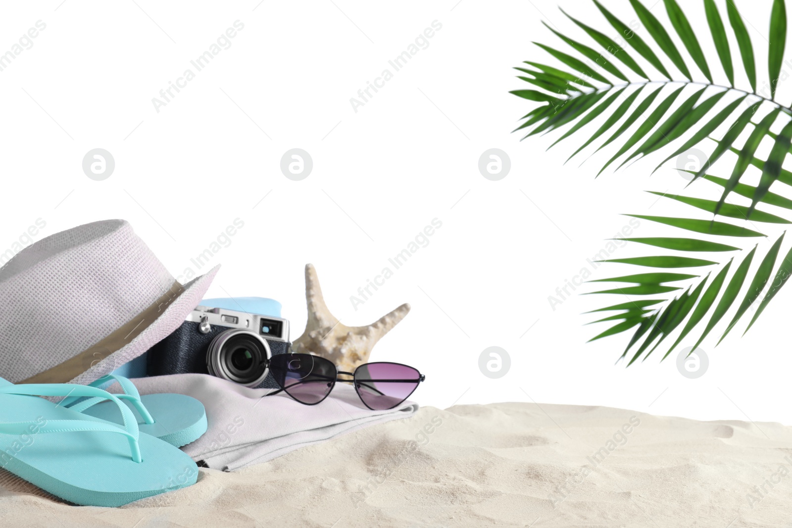 Photo of Composition with beach objects on sand against white background. Space for text