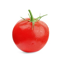 Photo of One red ripe tomato with water drops isolated on white