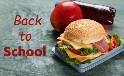 Lunch box with tasty sandwich on blue wooden table