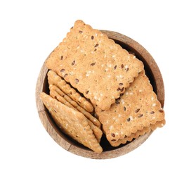 Photo of Cereal crackers with flax and sesame seeds in bowl isolated on white, top view