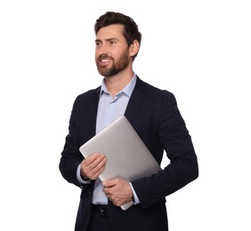 Photo of Portrait of smiling man with laptop on white background. Lawyer, businessman, accountant or manager