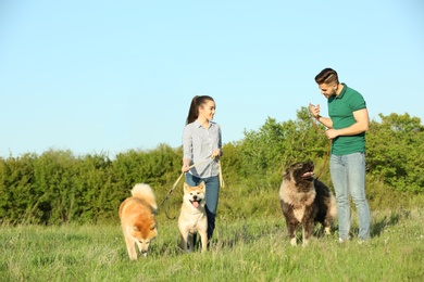 Photo of Young couple walking their dogs in park